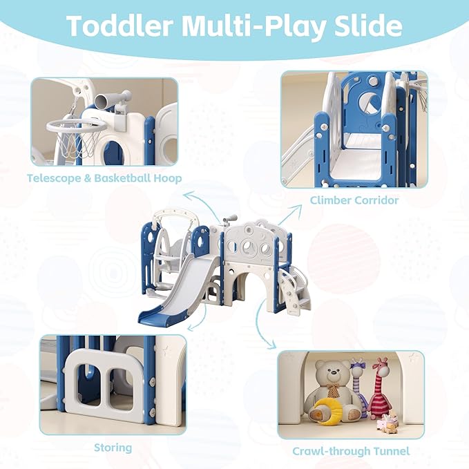 Toddler Slide and Swing Set for 1-3, 9 in 1 Kids Indoor Outdoor Playset, Baby Playground with Basketball Hoop, Telescope