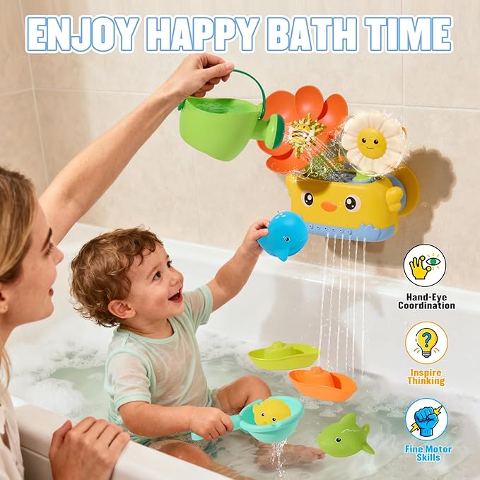 Baby Bath Toys for Kids Ages 1-3 Mold Free Bath Toys for Toddler 2-4 Bathtub Water Toys for Babies 18+ Months, Watering Can Bath Boats Spoon & No Hole Bath Toy with Mesh Bags for Boys Girls Gifts