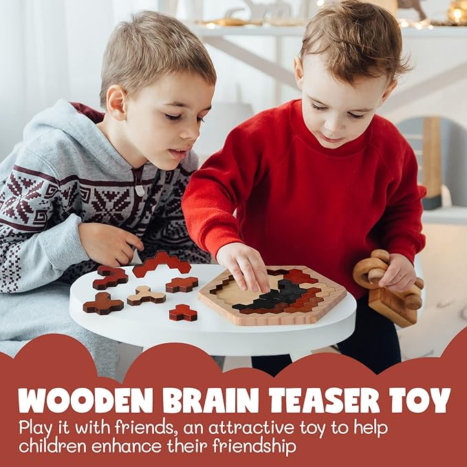 Yunsailing 3 Pack Hexagon Tangram Puzzle Wooden Brain Puzzles for Kid Adult Challenge Wood Russian Blocks Brain Teasers Toy Geometric Jigsaw Block Logic Iq Stem Toy for Family Party Gift(Vintage)