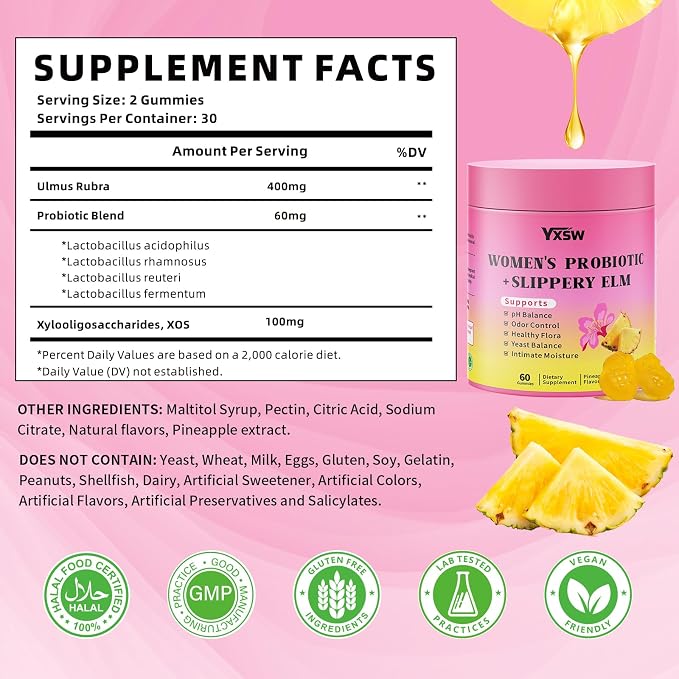 Women's Probiotics Slippery Elm Gummies, Sugar-Free Feminine Probiotics Gummies Support pH Balance, Gut Health & Immune System, Pineapple Flavor, 60 Count