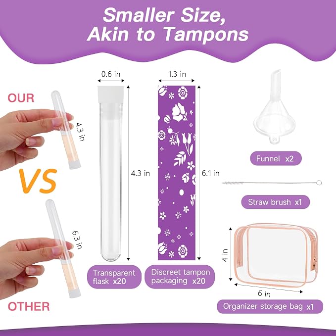64 Pcs Tampon Flasks Set Includes 20 Reusable Plastic Flasks, 40 Self Adhesive Wrappers, 2 Funnels, Clear Storage Bag, Clean Brush, Tube Flasks for Cruise Event, Concert, Outdoor Sports (Purple)