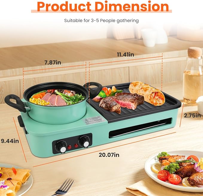 3 in 1 Electric Hot Pot with Grill Smokeless Non-Stick Pot and Griddle | Korean BBQ Grill Shabu Shabu Pot Divider Independent Dual Temperature Control for 3-5 People（1600W）
