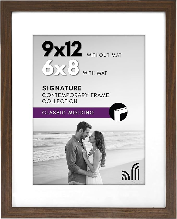 Americanflat 9x12 Picture Frame with Shatter-Resistant Glass - Use as 6x8 Frame with Mat or Display 9x12 Photo Without Mat - Signature Collection - Picture Frames for Tabletop and Wall - Walnut | Shatter-resistant glass, wall or tabletop display with i...
