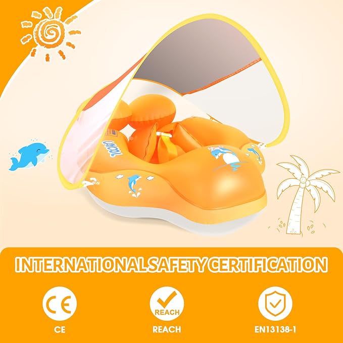 LAYCOL Baby Swimming Float Inflatable Baby Pool Float Ring with Sun Protection Canopy,add Tail no flip Over for Age of 3-36 Months