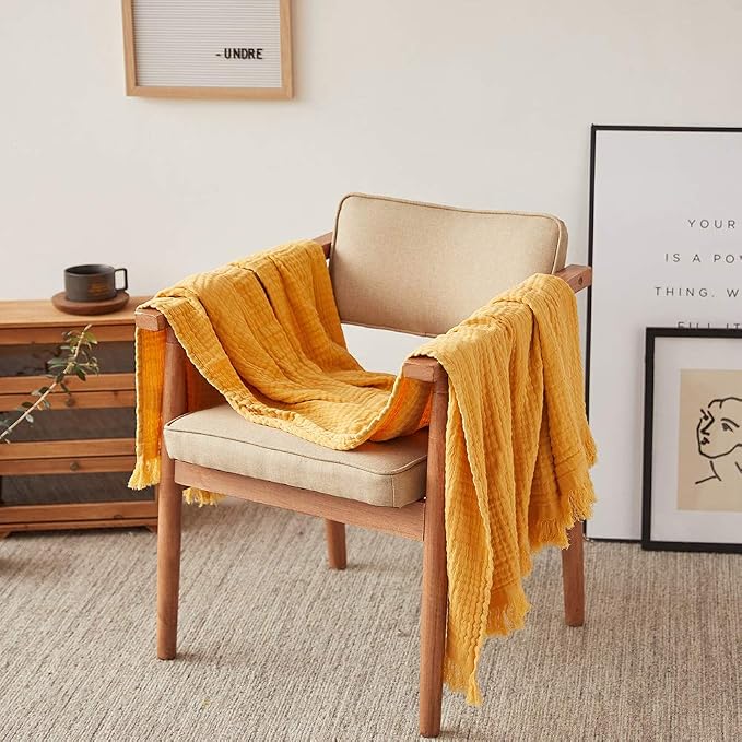 Simple&Opulence Cotton Muslin Throw Blanket for Bed, Couch, Knit Woven Gauze Blanket with Tassels, Soft Lightweight Cozy Pre-Washed Breathable Farmhouse Decoration for All-Season (Yellow)