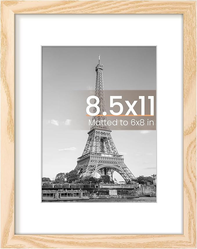 upsimples 8.5 By 11 Picture Frame, Display Pictures 6x8 with Mat or 8.5 x 11 Without, Wall Hanging Photo Frames, Natural Style, 1 Pack