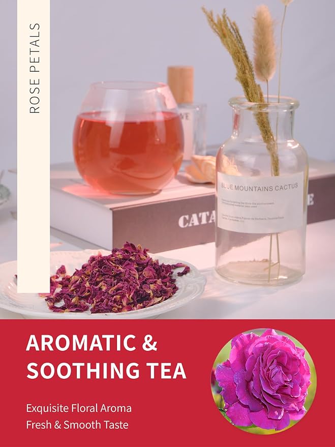 TeeLux Rose Petals Tea, Premium Food Grade Dried Rose Flowers for Drinks, Baking, DIY Beauty, Crafts, All Natural, Caffeine Free, 2.82oz