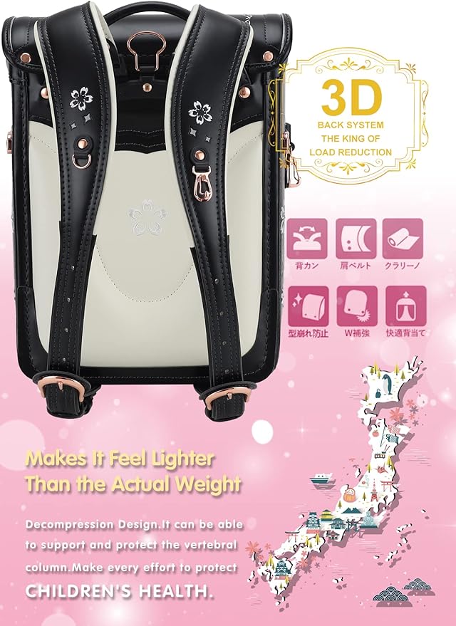 IwaiLoft Ransel Randoseru Backpack Automatic Satchel Japanese School Bag Cherry Blossom Sakura Embroidery PU Bookbag for Girls (Black)