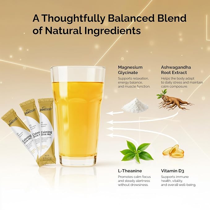 ZeniZest Calming Drink Mix Powder - Natural Cortisol Balance Calm Sleep Stress Support Supplement with Magnesium Glycinate Ashwagandha L-Theanine Vitamin D3 - Pineapple Passion Fruit Flavor 20 Packets