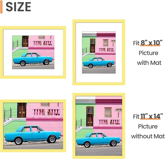 upsimples 11x14 Picture Frame, Display Pictures 8x10 with Mat or 11 x 14 Without, Wall Hanging Photo Frames, Yellow, 1 Pack