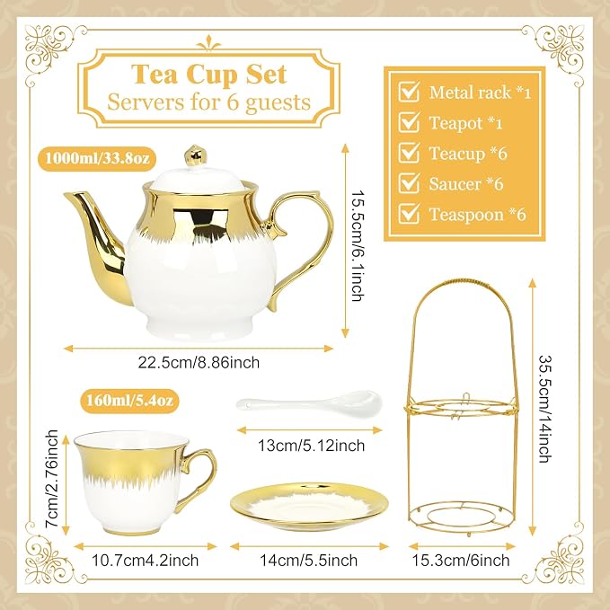 Porcelain Tea Set, Large Ceramic Tea Set for Adults with Metal Holder, 20 Pcs European Tea Cup Set, Luxury Adult Tea Sets Gift, Gold Trim Tea Cup Saucer Sets for Party Deco,1000ML (Gold Trim)