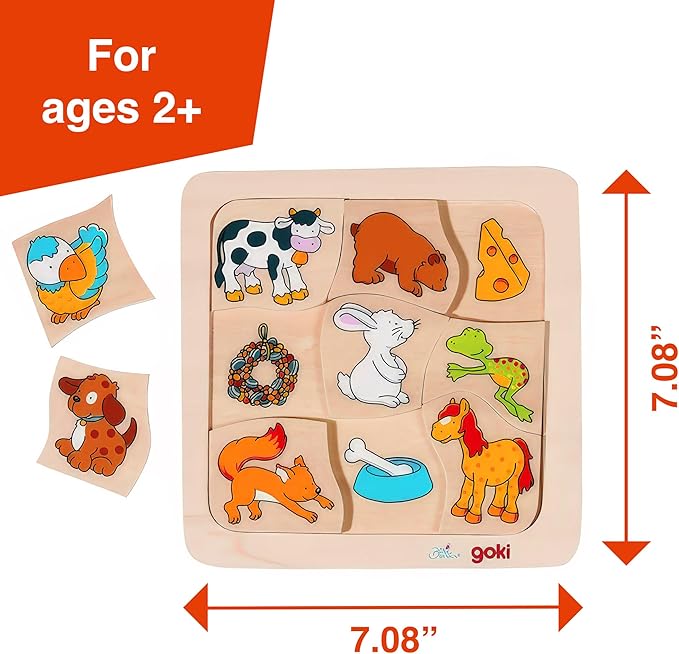 GOKI Chunky Wooden Puzzle for Toddlers 2-4 Montessori Learning Toy - Who Eats What - Educational Toys for 2 Year Old - Ideal Gift for Toddler 9pcs - Designed with Love in Germany