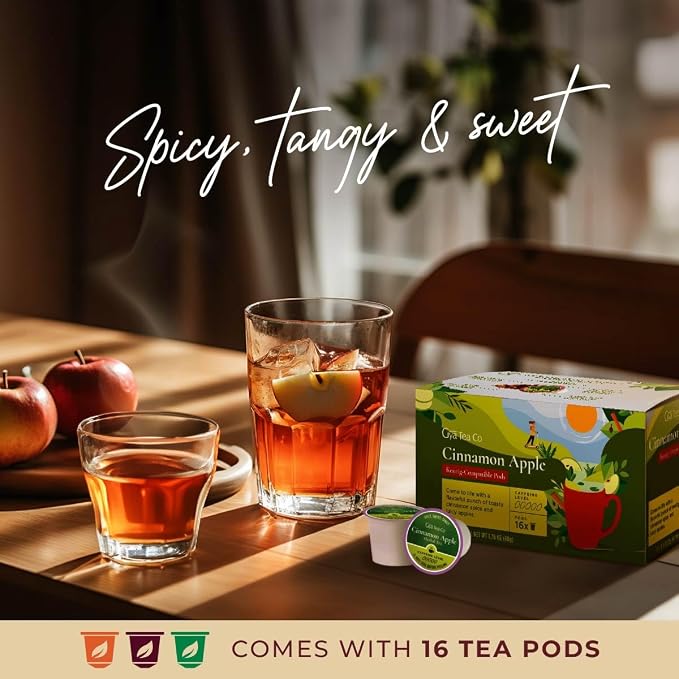 Gya Tea Co Cinnamon Apple Herbal Tea Pod (16 Count)- Decaf Wellness Tea for Body Comfort & Relaxing