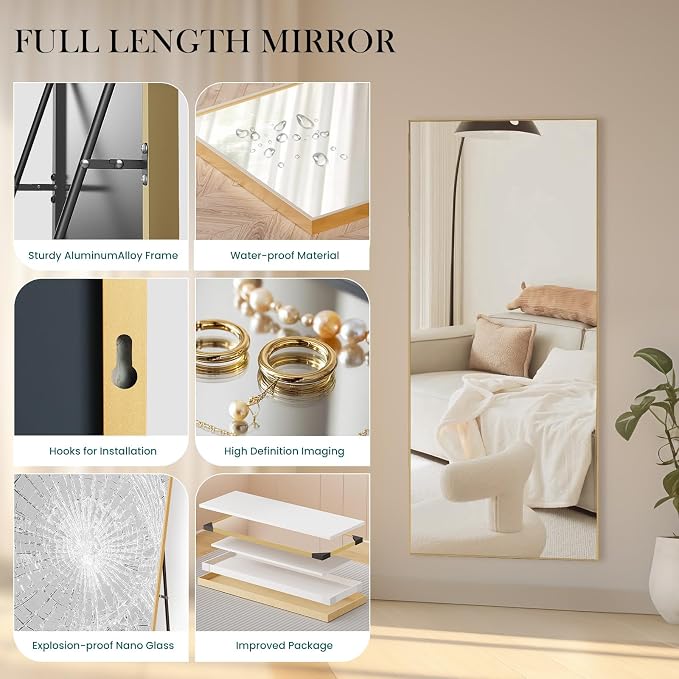 DUMOS 70.4"x25.6" Full Length Mirror with Stand, Floor Body Mirrors Shatter-proorf Nano Glass with Aluminum Frame, Free Standing or Hanging Leaning, Modern Simple for Home Decor, Gold