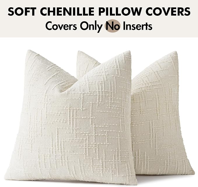 MIULEE Chenille Textured Throw Pillow Covers Cream White 16x16 Set of 2 | Slubby Decorative Pillows, Boho Farmhouse Home Decor, Modern Neutral Cushion Covers for Couch Sofa Bed Living Room
