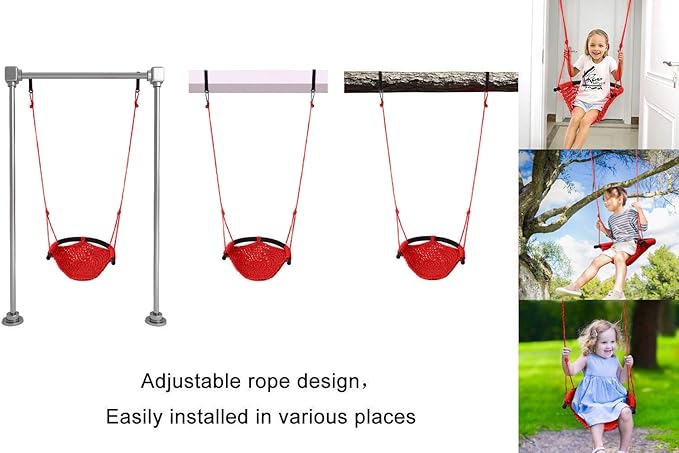 Swing Seat for Kids Heavy Duty Rope Play Secure Children Swing Set,Perfect for Indoor,Outdoor,Playground,Home,Tree,with Snap Hooks and Swing Straps,440 lbs Capacity,Red