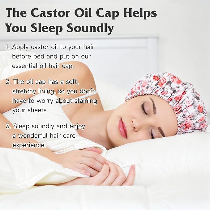 Reusable Castor Oil Hair Cap for Women, Suitable for Treating Dry, Damaged Hair, Overnight Organic Cotton Hair Cap (Oil Not Included), Red Flowers, S