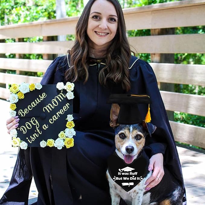 2025 Dog Graduation Cap and Gown with Gold Tassels Dog Graduation Outfits Gifts Graduation Bandana for Small Medium Large Dogs (It was Ruff, but we did it Bandana)