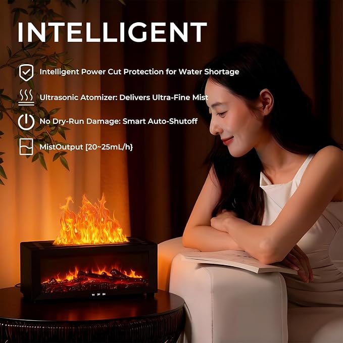Fireplace Flame Essential Oil Diffuser, 7-Color LED Ultrasonic Aromatherapy Humidifier, 150ml, Cool Mist, with Remote Control and Timer, for Home Bedroom Office Yoga (Black)