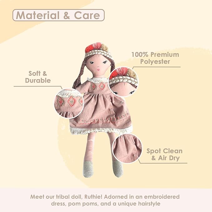 MON AMI Ruthie The Bohemian Princess Doll 18 “, Plush Tribal Doll for Kids of All Ages, Latte Color, Use as Toy or Room Decor, Great Gift for Christmas
