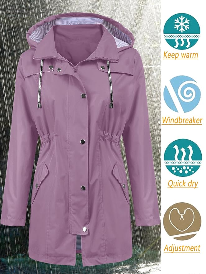 LOMON Raincoat Women Waterproof Long Hooded Trench Coats Lined Windbreaker Travel Jacket S-XXL
