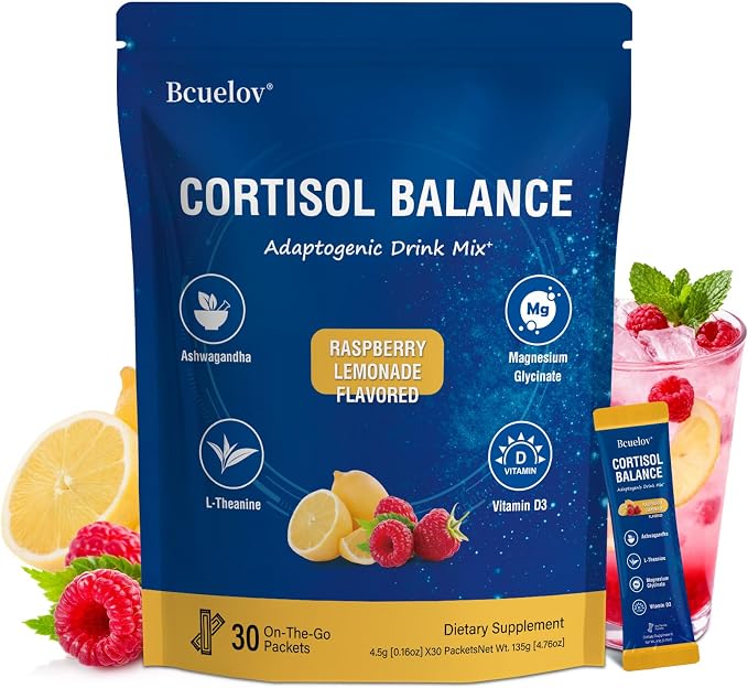 Calm Cortisol Reducer Powdered Drink Mix, Cortisol Reducer and Sleep Aid Supplement with Magnesium Glycinate, Ashwagandha, L-Theanine, Vitamin D 3 for Sleep & Relaxation, 30 Ct (Raspberry Lemonade)