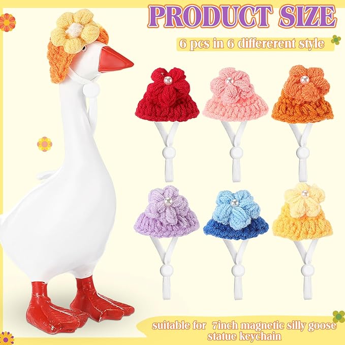 Geyoga 6 Pcs Mini Knitted Hats 7 Inch Goose Outfits Hat with Adjustable Strap Mini Porch Goose Headwear for Statue Key Holder