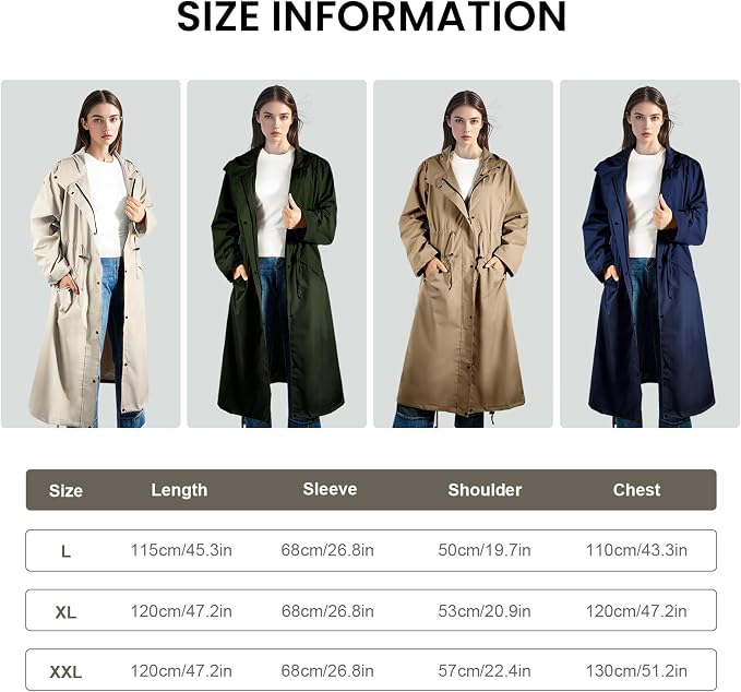 LAMA Womens Long Raincoats Rain Jacket Waterproof Packable Hooded Windbreaker Lightweight Adjustable Waist for Outdoor