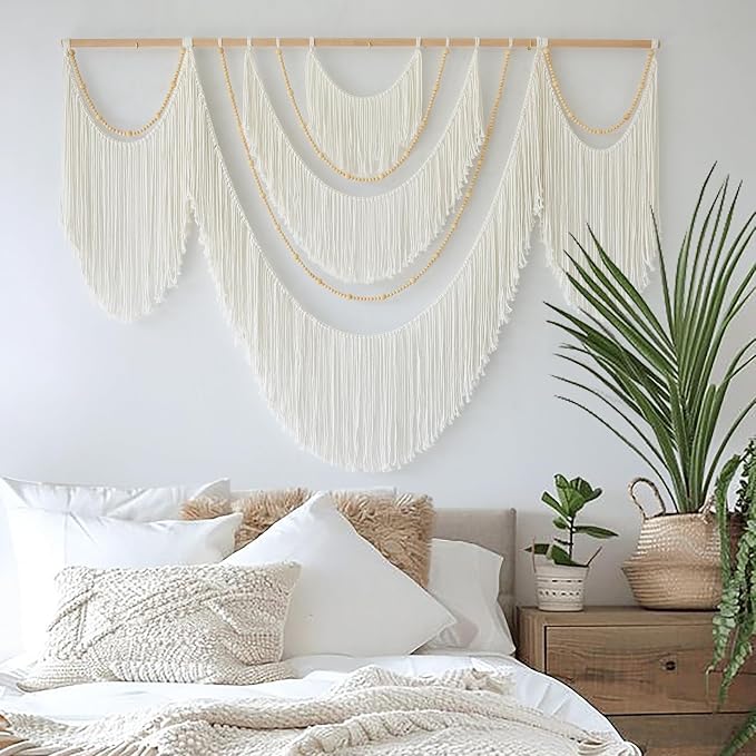 Macrame Wall Hanging Boho Yarn Art Tassel Beaded Handmade Decor 57"W*41"L | Fiber Wall Hanging, Large Wall Decor, Handmade Textile Art, Cotton Rope Craft, Beaded Tassel Accent, for Living Room Bedroom