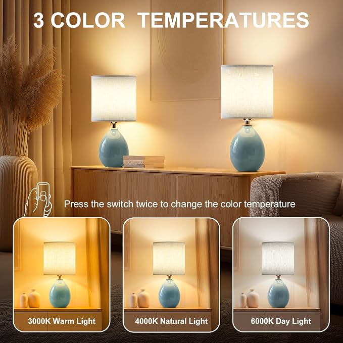 Dawnwake 18.5" Table Lamp Set of 2 for Living Room Bedroom, Bedside Lamps for Night Stands, Desk Nightstand Lamp Dimmable, Modern Linen Cream Ceramic Lamps (Blue)