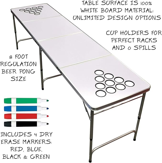 GoPong 8 Foot Portable Beer Pong/Tailgate Tables (Black, Football, American Flag, or Custom Dry Erase)