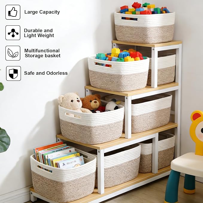 6 Pack Woven Rope Baskets, 12.6"×9"×7.8" Storage Bins, White&Brown | Storage Boxes for Toys, Books, Towels, Clothes, Shelf Baskets Organizer,Empty Gift Baskets for Living Room, Bathroom, Bedroom