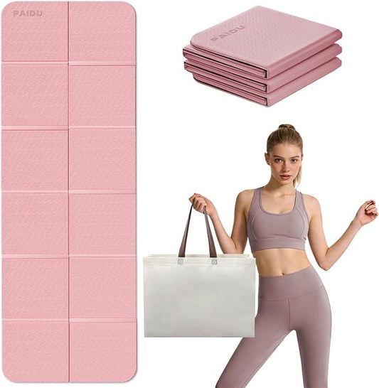 PAIDU Foldable Yoga Mat for Travel, 70"x24"x0.31" (8MM) TPE Double-Sided Non-Slip Pilates Mat with Carrying Bag for Yoga, Pilates, Fitness and Home/Outdoor Workouts