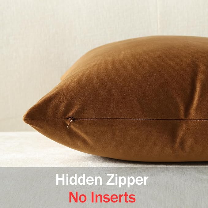 Throw Pillow Covers 16x16 Golden Brown: Pack of 2 Cozy Soft Velvet Square Modern Luxury Decorative Throw Pillow Cases for Sofa Couch Living Room Bed Home Decor