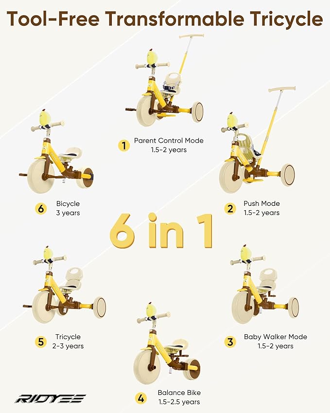 5-in-1 Toddler Tricycle for Ages 1.5–3, Parent Steering Push Trike, Tool-Free Convertible to Balance Bike, Safety Belt, Removable Backrest and Footrest, Ride-On Toy for Boys & Girls, Yellow