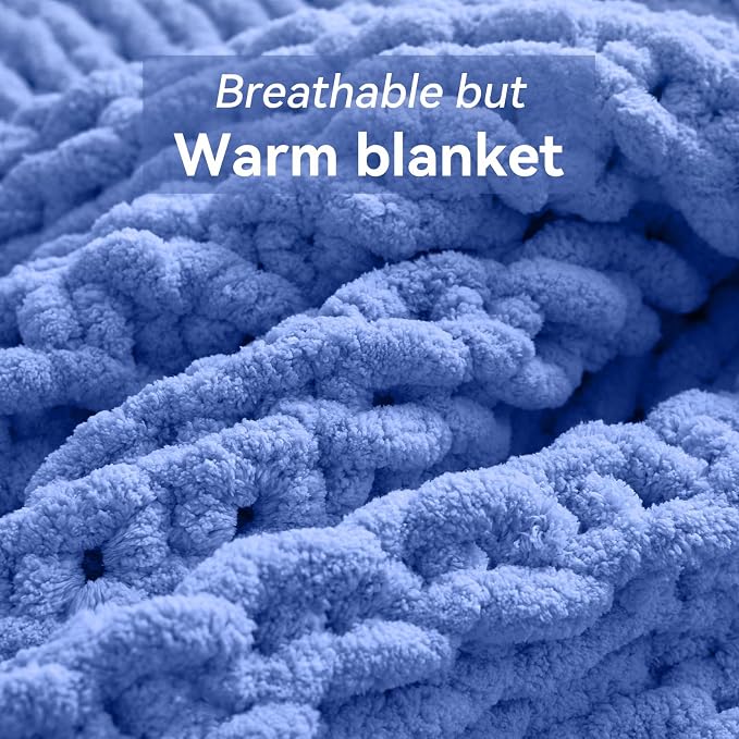 Negwoo Chunky Knit Throw Blanket, Knitted Throw Chenille Yarn, 30"*40" | Soft Thick Cable Knitted Blankets, Handmade Big Thick Blanket, Machine Washable Cute Comfy Blanket for Home Decor, Light blue