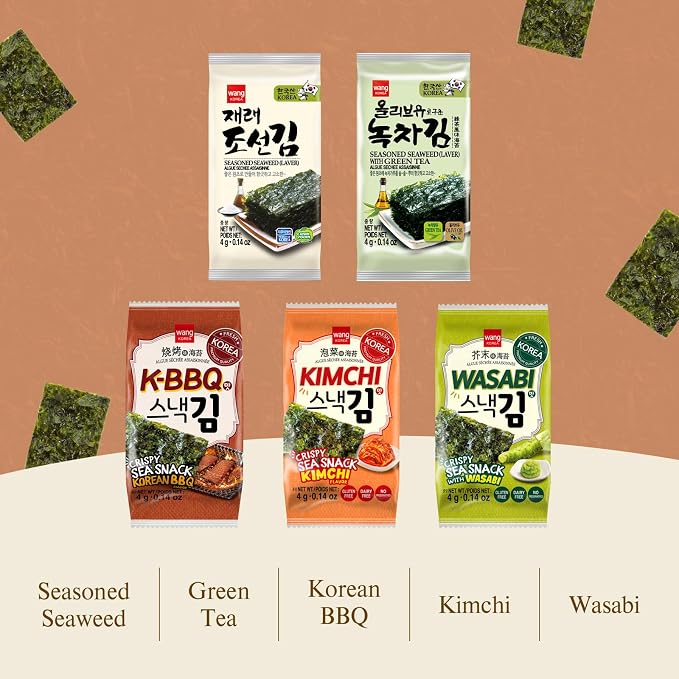 Wang Korean Seaweed Snacks Kimchi Flavor, Crispy Roasted Seaweed Sheets | Healthy Sea Weed Snack, Keto, Vegan, Gluten-Free, Pack of 16