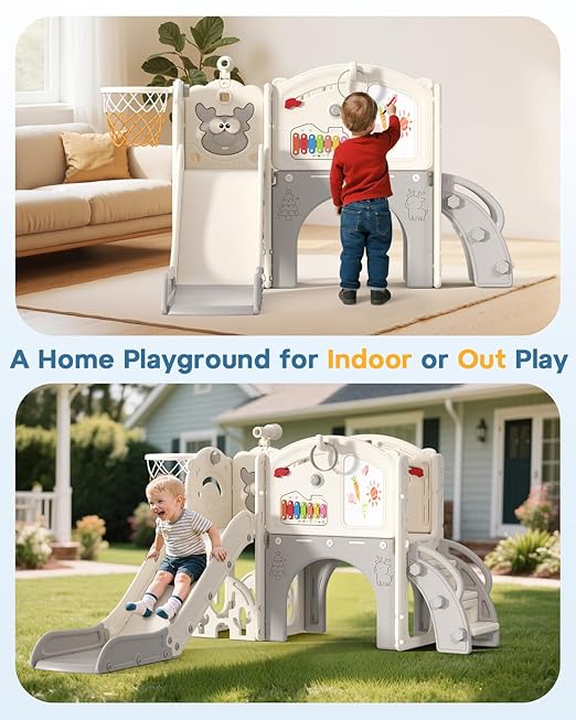 BIERUM Toddler Slide Set, 13 in 1 Kids Indoor Slide for Toddler 1-3, Indoor Outdoor Toddler Slide Playset with Basketball Hoop, Golf Game & Drawing Board, Baby Indoor Slide Playground, Cream&Gray