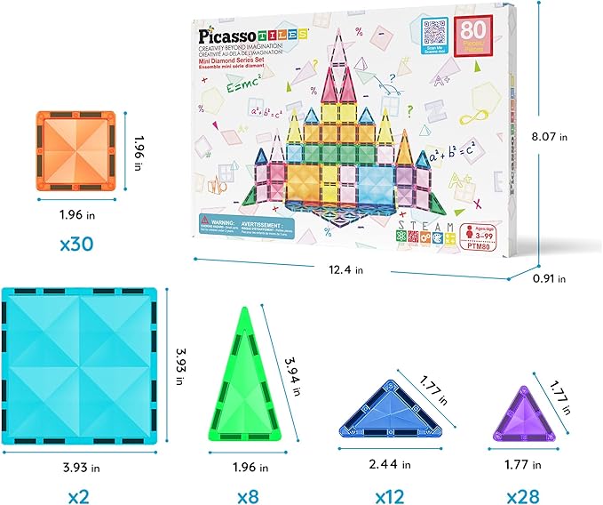 PicassoTiles 80pc Mini Travel Size Magnetic Tiles Building Blocks Construction Build STEM Learning On The Go Vacation Toy Set Birthday Gifting Classroom Magnet Tile Kit Educational Ages 3 and up PTM80