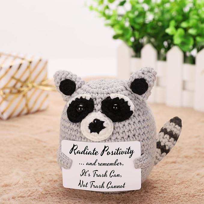 Tiny Handmade Raccoon Gift, Positive Crochet Animal Trash Panda, Emotional Support Plush for Men & Women, Friend, Coworker, Bestie, Motivational Encouragement Present, Best for Birthday & Christmas
