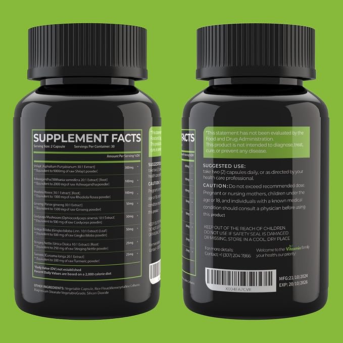 Shilajit and Ashwagandha Capsules, 8-in-1 Herbal Multivitamin for Men and Women, with Rhodiola Rosea, Ginseng, and Stinging Nettle, Shilajit for Men and Women