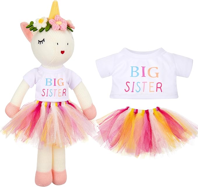 Big Sister Gift for Girls 17 Inches Unicorn Stuffed Plush Doll Short Sleeve Top and Colorful Tutu Skirt Gifts for Girls Toddler