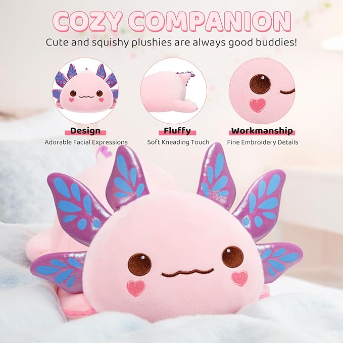 Cute Axolotl Plush Pillow, Kawaii Plushies Pink Axolotl Stuffed Animals, Squishy Plushies, Cuddle Plush Pillow for Kids & Girls (13 Inch)