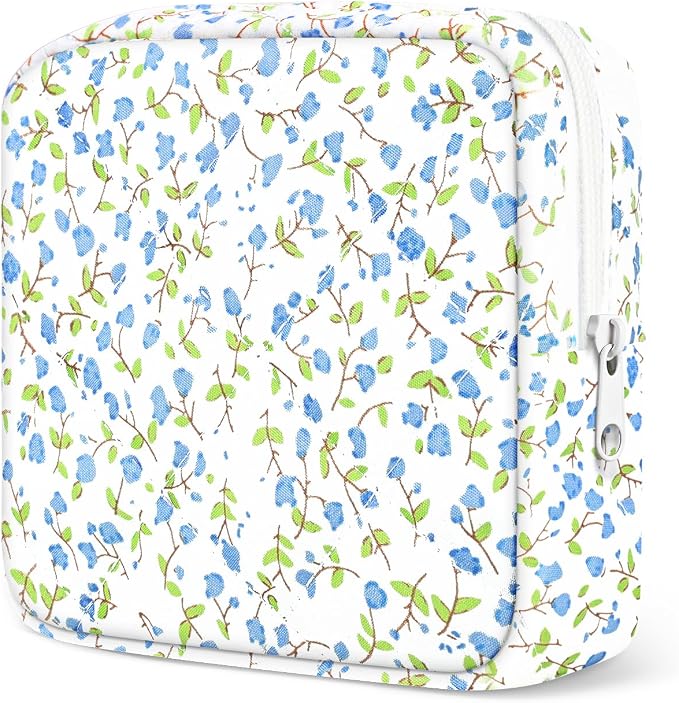 Likesing Quilted Period Bag, Period Pouches for Teen Girls Womens, Portable Floral Print Sanitary Napkin Storage Bag Feminine Emergency Tampon Pad Pouch(Blue Floral)