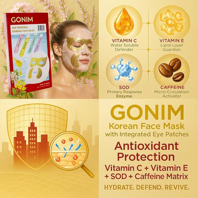 GONIM Korean Face Mask with Integrated Eye Mask Under Eye Patches - PDRN, Collagen Facial Mask, Retinol & Caffeine, Hydrating Face Masks Skincare Gifts for Women Anti Aging Skin Care 1.18ozx4