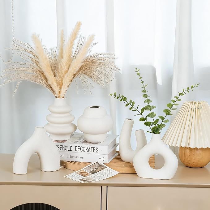 CUCUMI Ceramic Flower Vase Set of 5 Modern Boho Style Decorative Vases | Farmhouse Vases Home Decor, Matte Ceramic Decorations for Living Room, Bookshelf Mantle Entryway Table or Console Décor