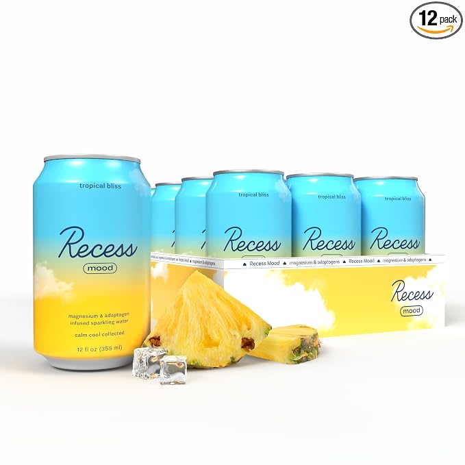 Recess Mood Magnesium & Adaptogen Drink, Relaxation Beverage, 12 ounce (Tropical Bliss, 12 pack)