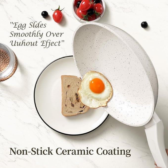 Innerwell 8-Inch Nonstick Frying Pan Small Egg Pan Skillet | Even Heating All Stove Compatible, PFOA PFOS Free, Granite Stone Cookware Skillet, Healthy and Non Toxic,White