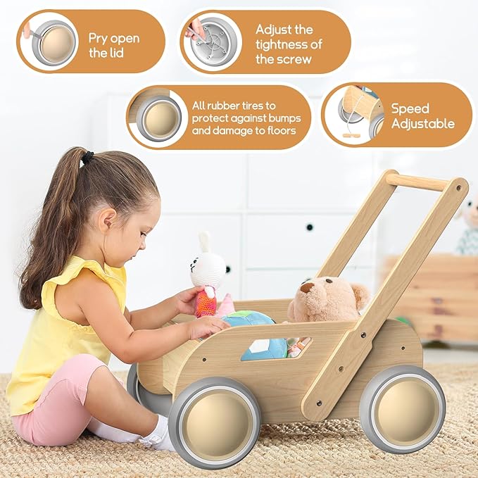 HOMEKOL Wooden Baby Push Walker, Natural Wood Color | Adjustable Height, with Rubber Wheels, for Boys and Girls, Gift for Birthday, Christmas and New Year