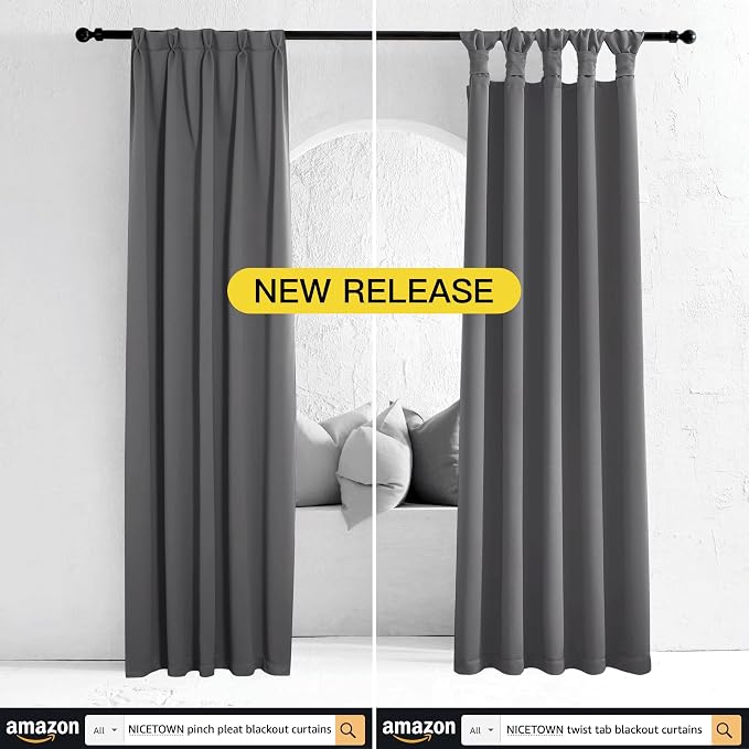 NICETOWN Blackout Short Kitchen Window Curtains for Bedroom - Window Treatment Thermal Insulated Solid Grommet Blackout Drapes for Bathroom, Grey, 2 Panels, W52 x L45